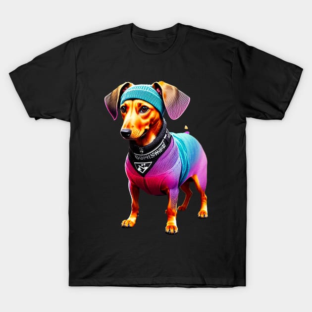 Cute Dachshund in Colorful Handmade Knitted Clothes and Headband T-Shirt by fur-niche